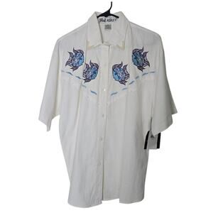 Jane Ashley Vintage Embroidered Fish Western Shirt M White Pearl Beaded Cotton